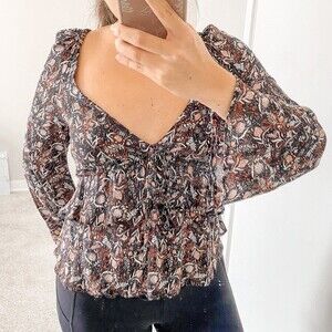 Free People Blouse Uptown Bell Small Black Orange Pink Tiered Ruffle Boho V-Neck